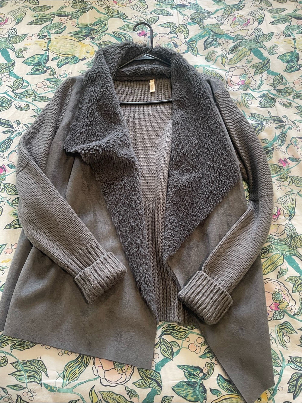 Wishlist Gray Faux-Shearling Shawl Collar Open Front Cardigan